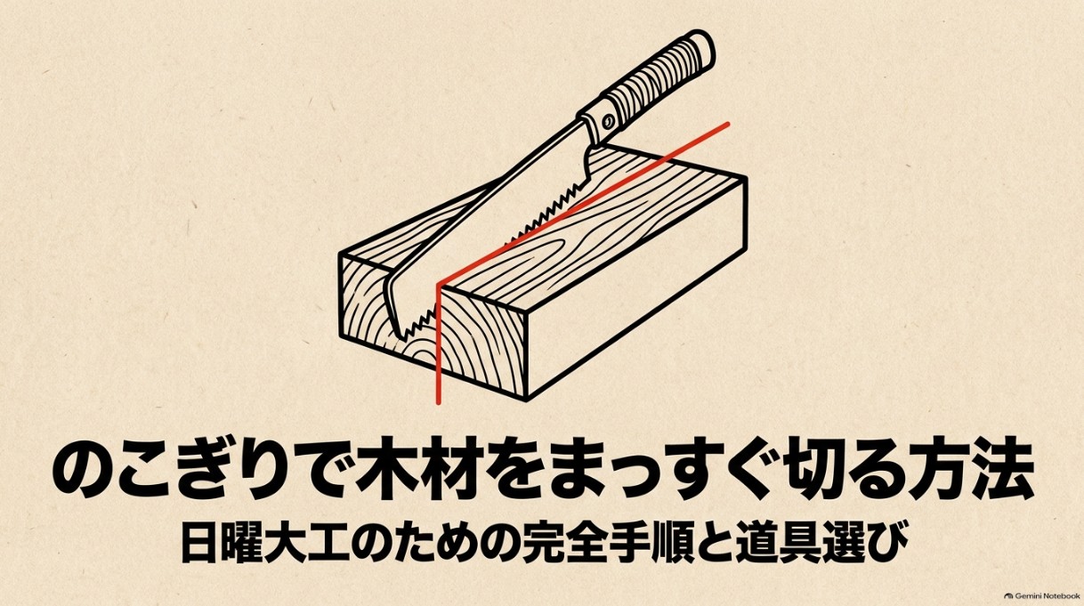 のこぎりで木材をまっすぐ切る方法と道具選びを説明するタイトルスライド