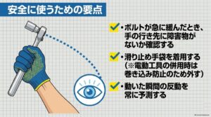 ソケットレンチ使用時に手の行き先や滑り止め手袋、反動を確認する安全ポイント