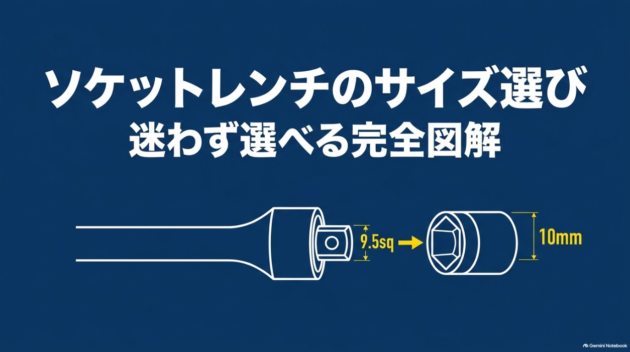 ソケットレンチの10mm口径と9.5sq差込角を示したサイズ選びの基本図解