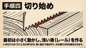 のこぎりの切り始めに短く動かして浅い溝を作る様子