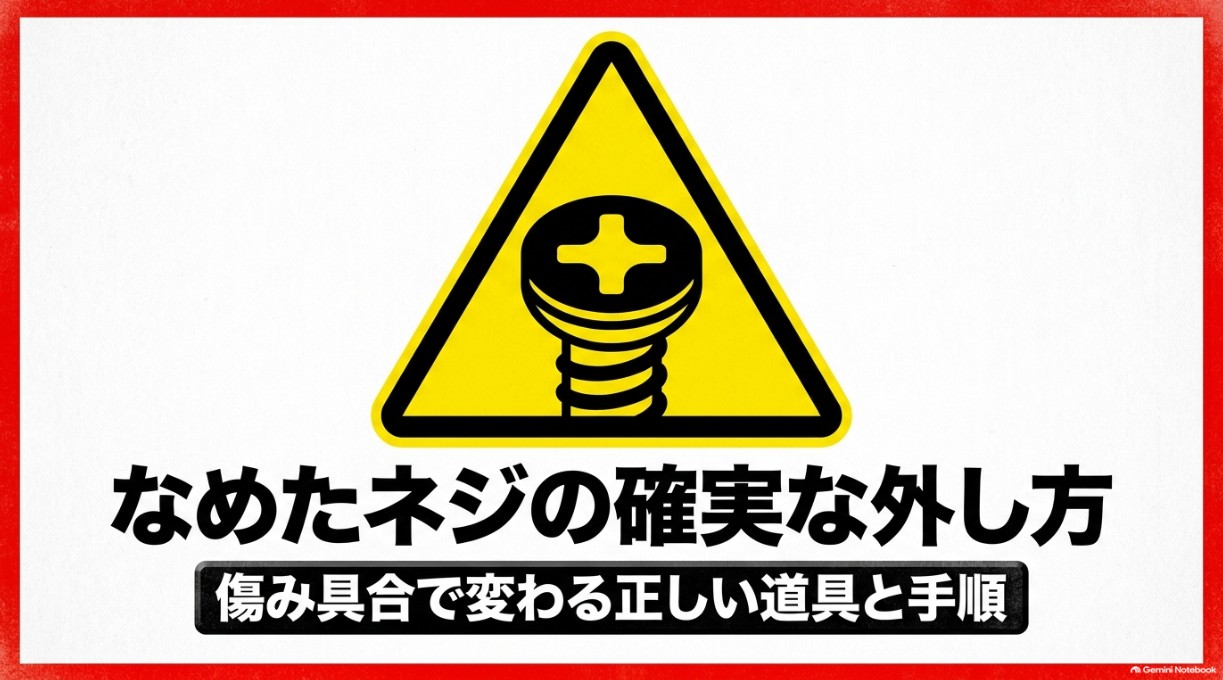 なめたネジの確実な外し方を解説する表紙。十字溝の傷み具合に応じた工具の選び方と取り外し手順を紹介