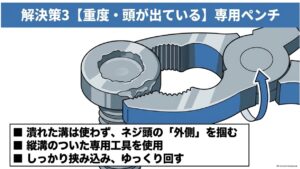 ネジザウルスなどの専用プライヤーでなめたネジを外す方法。ネジ頭の外側を縦溝付きの先端で挟み、ゆっくり回して取り外す手順を図解