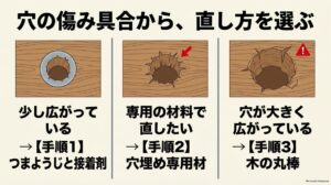 木材のネジ穴の傷み具合に応じて、つまようじと接着剤、専用穴埋め材、木ダボによる補修方法を選ぶための比較図