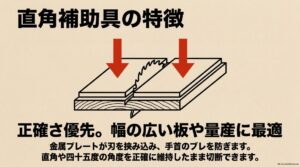 ソーガイドが刃の角度を保ち、幅広い板や量産作業に向くことを示す図