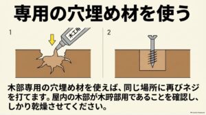 木材の傷んだネジ穴に木部用の専用補修材を充填し、十分に乾燥させた後に同じ位置へネジを締め直す方法の図解