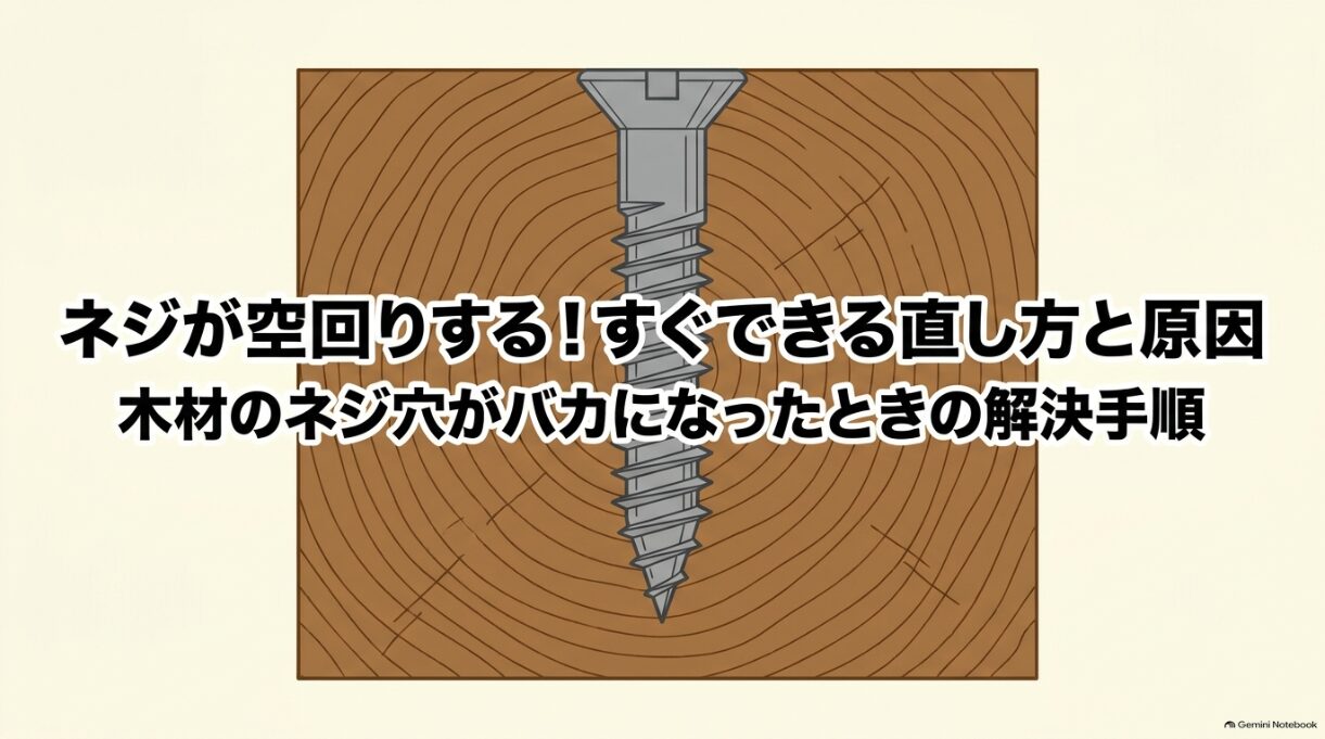 木材のネジ穴がバカになったときのネジの空回りの直し方と原因を解説するタイトル画像
