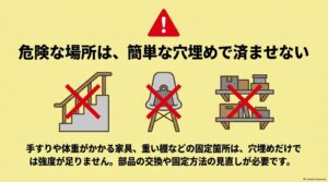 木材のネジ穴の傷み具合に応じて、つまようじと接着剤、専用穴埋め材、木ダボによる補修方法を選ぶための比較図