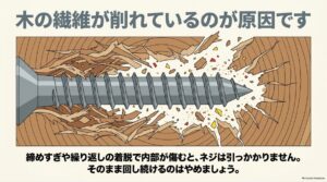 木材のネジ穴の内部で木の繊維が削れ、ネジ山が引っかからず空回りする仕組みを示した図解