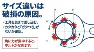 ガタつく工具でボルトの角に力が集中し破損する例