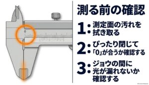 ノギスの測定面を清掃しジョウを閉じてゼロ点と隙間を確認する方法