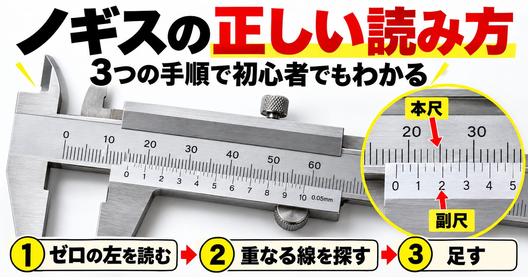 ノギスの正しい読み方を「ゼロの左を読む・重なる線を探す・足す」の3ステップで解説した図