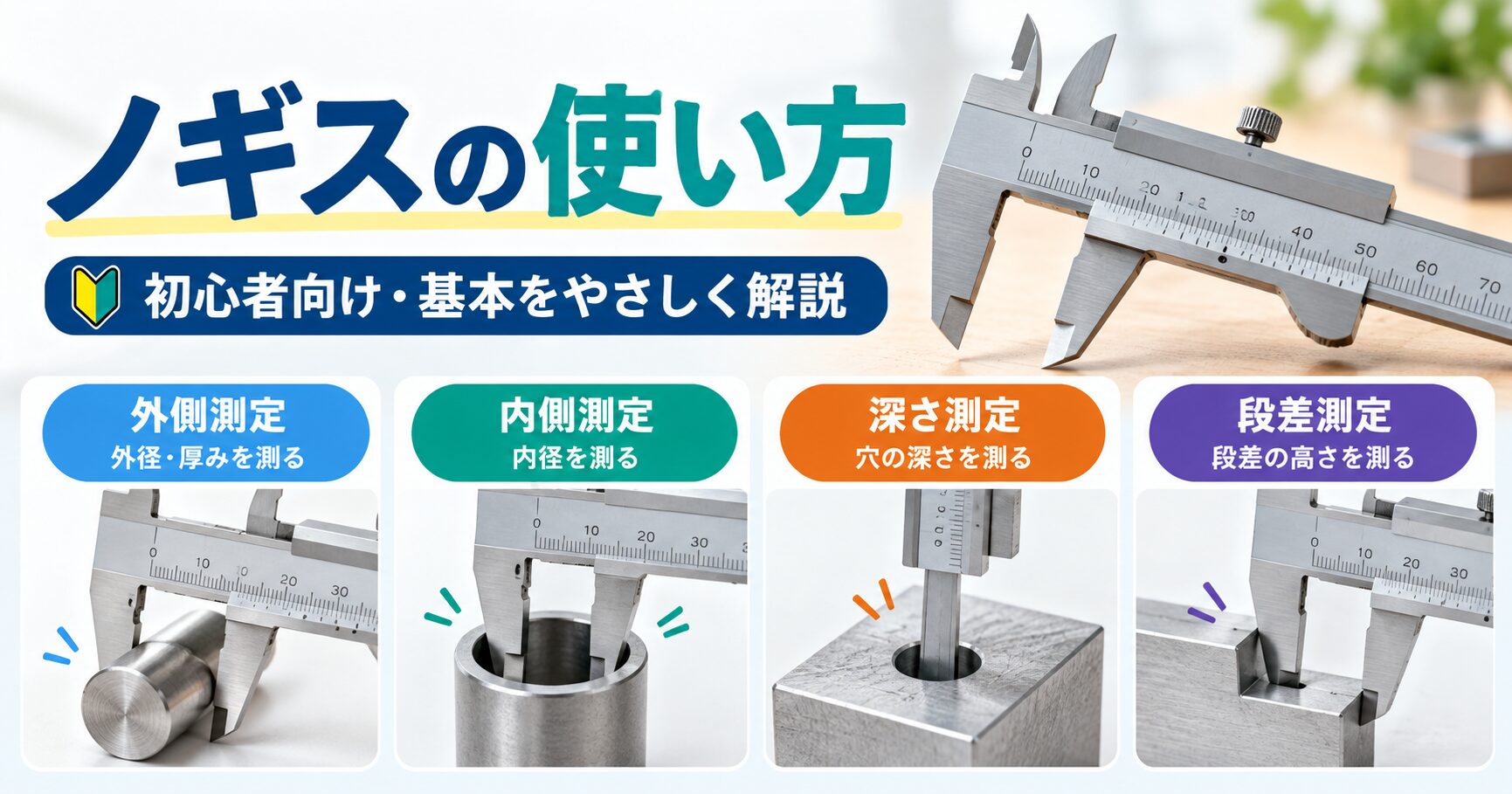 ノギスの使い方を初心者向けに解説した画像。外側測定・内側測定・深さ測定・段差測定の4つの基本的な測り方を紹介