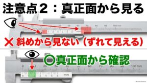ノギスの目盛りを斜めから見ず真正面から確認して視差を防ぐ図