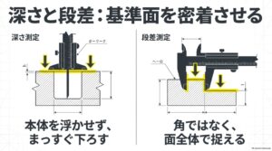 ノギスのデプスバーを使って穴や溝の深さを測る方法。ノギス後端の段差測定面を使って部品の高さの差を測る方法