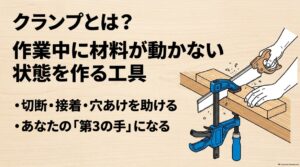 クランプで木材を作業台に固定してのこぎり作業をする様子