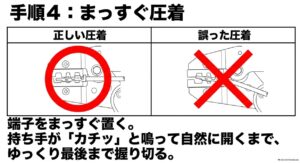圧着端子をダイスにまっすぐ置く正しい例と斜めに置いた誤った例