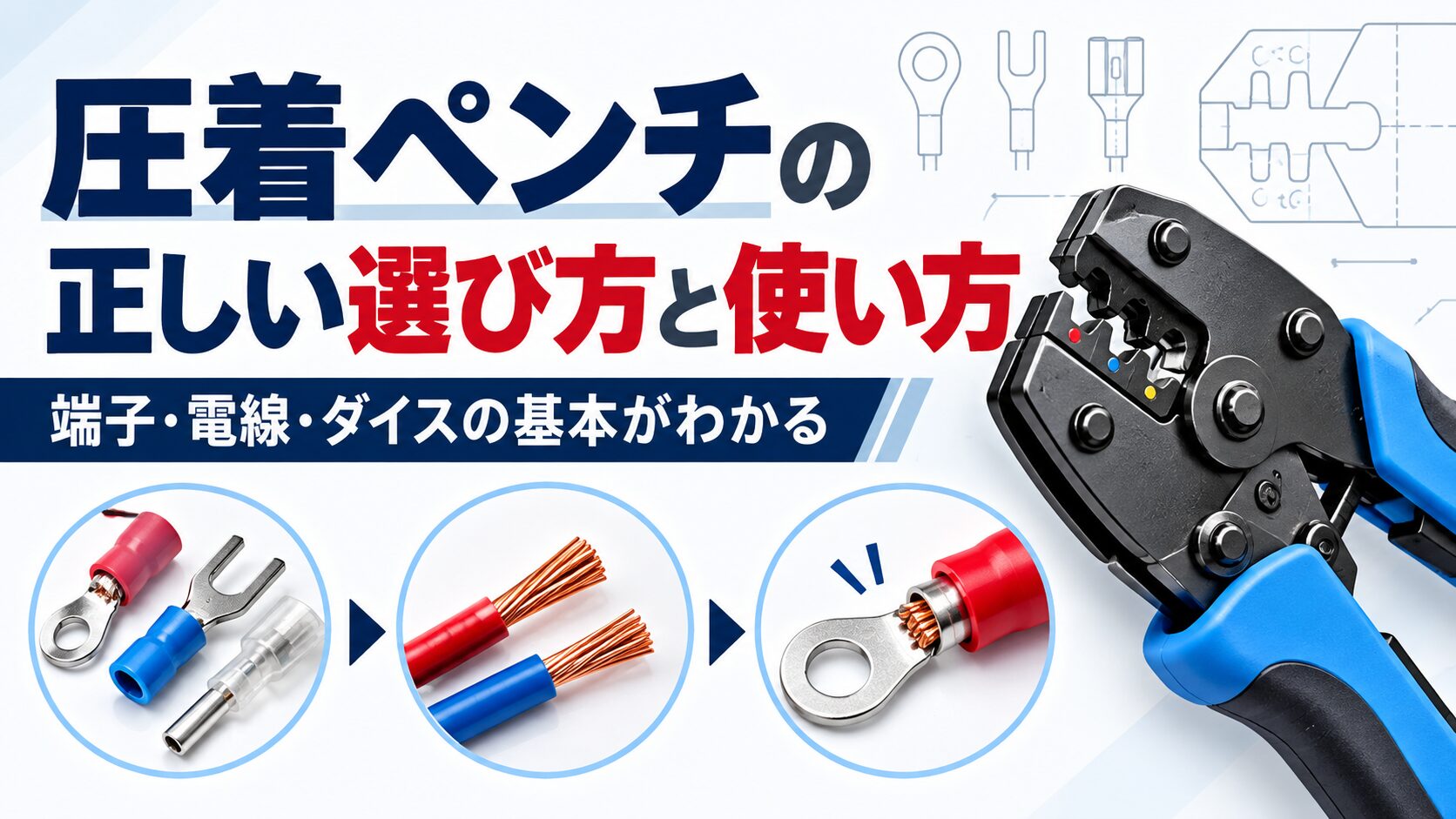 圧着ペンチの正しい選び方と使い方を、端子・電線・ダイスの関係とともに解説するアイキャッチ画像