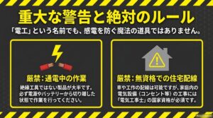 電工ペンチでは通電中の作業をせず住宅配線では電気工事士資格が必要な場合があることを示す注意図