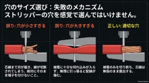 ストリッパー穴が小さすぎる場合、大きすぎる場合、適切な場合の違い