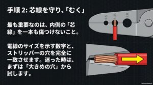 電線サイズに合うストリッパー穴を選び芯線を傷つけず被覆をむく方法