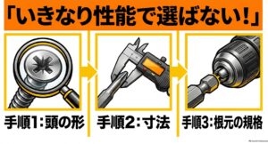 ドライバービットはネジ頭の形、寸法、根元の規格の順番で選ぶことを示した図