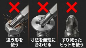 違う形のビットを使う、サイズを無理に合わせる、摩耗したビットを使う3つの失敗例