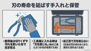 使用後に汚れを拭き取り、刃を閉じて工具箱に保管し、自己流で刃を削らないことを示した図