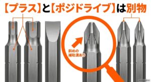 フィリップスのプラスビットと斜めの補助溝があるポジドライブビットの形状の違い