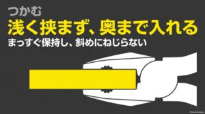 ペンチは対象物を浅く挟まず、くわえ部の奥まで入れてまっすぐ保持する