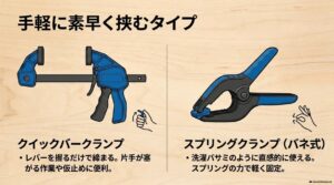 片手で仮止めしやすいクイックバークランプと軽い固定向けバネクランプの比較