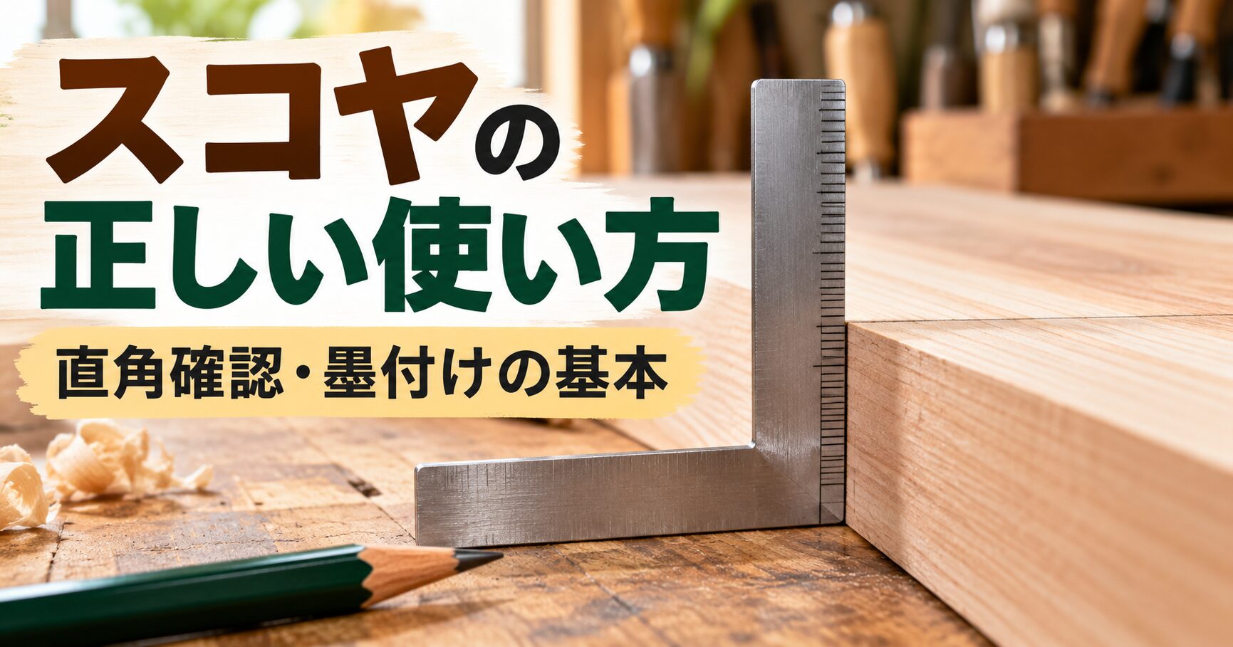木材にスコヤを当てて直角を確認する様子と「スコヤの正しい使い方・直角確認・墨付けの基本」の文字が入ったアイキャッチ画像