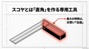 厚みのある台座を基準面に当てて直角を確認するスコヤの特徴
