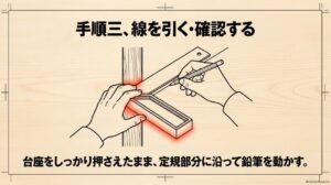 スコヤの台座を押さえたままブレードに沿って鉛筆で直角線を引く方法