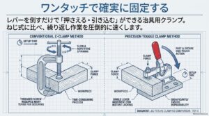 C型クランプのねじ締めとトグルクランプのレバーによるワンタッチ固定を比較した図