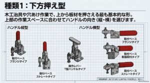 板材を上から押さえる下方押え型トグルクランプのハンドルや取付ベースの種類