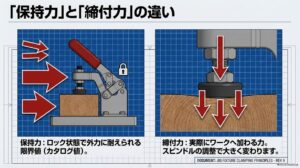トグルクランプの保持力とワークへ実際に加わる締付力の違いを説明した図