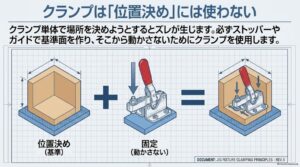 ストッパーやガイドで位置を決め、トグルクランプでワークを固定する役割分担を示した図