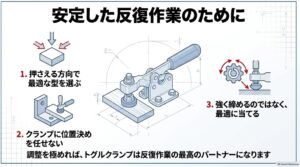 押さえる方向に合う種類選び、位置決めの分離、適切なスピンドル調整というトグルクランプ使用の要点