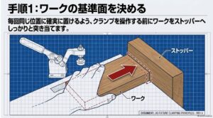 ワークをストッパーへ突き当てて基準位置を決めるトグルクランプ使用手順