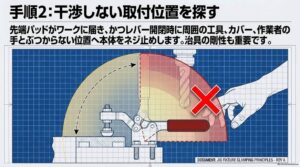 レバーやドリル、作業者の手と干渉しないトグルクランプの取付位置を示した図