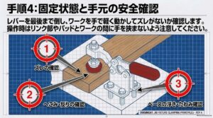 トグルクランプ固定後のワークのズレ、へこみや反り、ベースの浮きやたわみを確認する図
