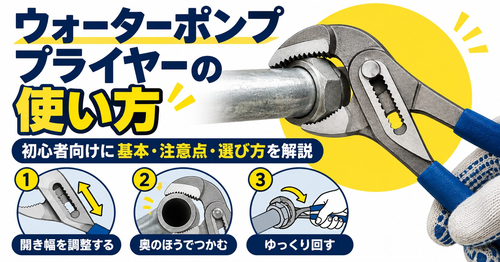 ウォーターポンププライヤーの使い方を初心者向けに解説したアイキャッチ画像。口幅の調整、奥でつかむ、ゆっくり回す基本手順を紹介