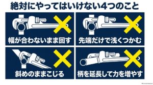 ウォーターポンププライヤーで口幅不一致、浅づかみ、斜めこじり、柄の延長を避ける