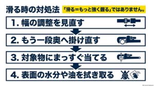 ウォーターポンププライヤーが滑るときに口幅、掛ける深さ、角度、水分や油を確認する手順
